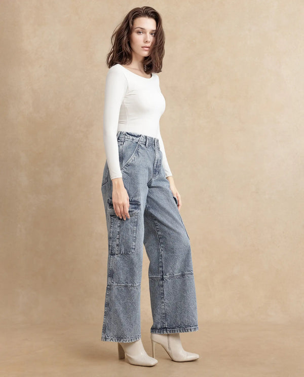 Rareism Women Caro Light Blue Cotton Fabric Plain Jeans