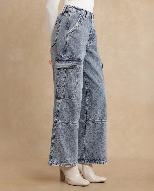Rareism Women Caro Light Blue Cotton Fabric Plain Jeans