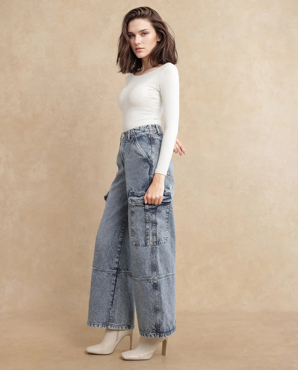 Rareism Women Caro Light Blue Cotton Fabric Plain Jeans