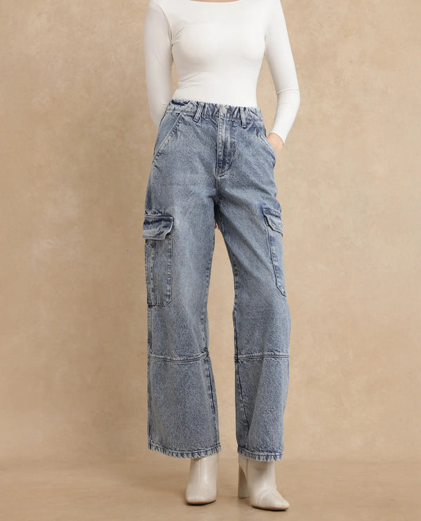 Rareism Women Caro Light Blue Cotton Fabric Plain Jeans