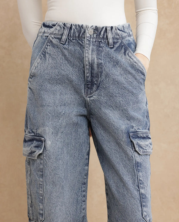 Rareism Women Caro Light Blue Cotton Fabric Plain Jeans