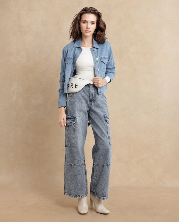 Rareism Women Caro Light Blue Cotton Fabric Plain Jeans