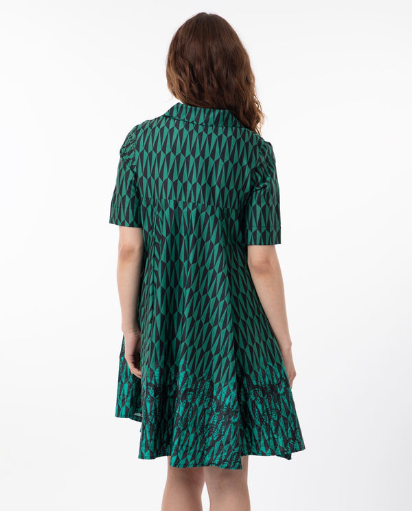 Rareism Women Carolin Green Cotton Fabric Short Sleeves Shirt Collar Fit And Flare Geometric Print Knee Length Boxy Dress
