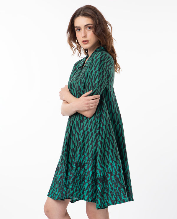 Rareism Women Carolin Green Cotton Fabric Short Sleeves Shirt Collar Fit And Flare Geometric Print Knee Length Boxy Dress