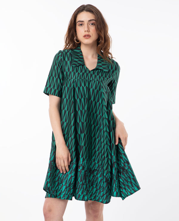 Rareism Women Carolin Green Cotton Fabric Short Sleeves Shirt Collar Fit And Flare Geometric Print Knee Length Boxy Dress