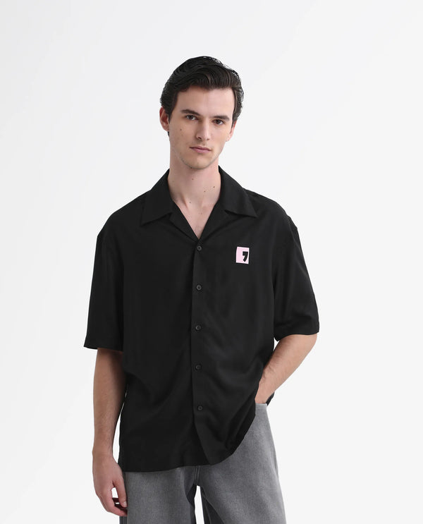 Rare Rabbit Men's Caroo Black Cotton Fabric Short Sleeve Cuban Collar Button Closure Graphic Print Shirt