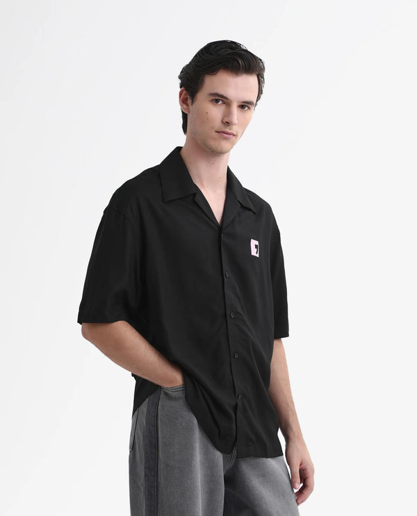 Rare Rabbit Men's Caroo Black Cotton Fabric Short Sleeve Cuban Collar Button Closure Graphic Print Shirt