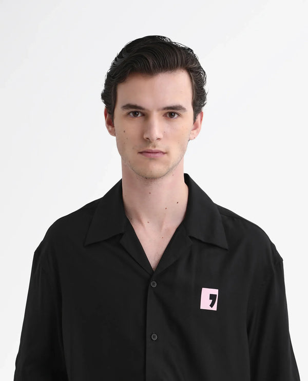Rare Rabbit Men's Caroo Black Cotton Fabric Short Sleeve Cuban Collar Button Closure Graphic Print Shirt