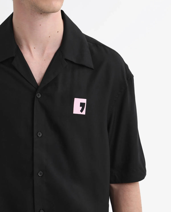Rare Rabbit Men's Caroo Black Cotton Fabric Short Sleeve Cuban Collar Button Closure Graphic Print Shirt