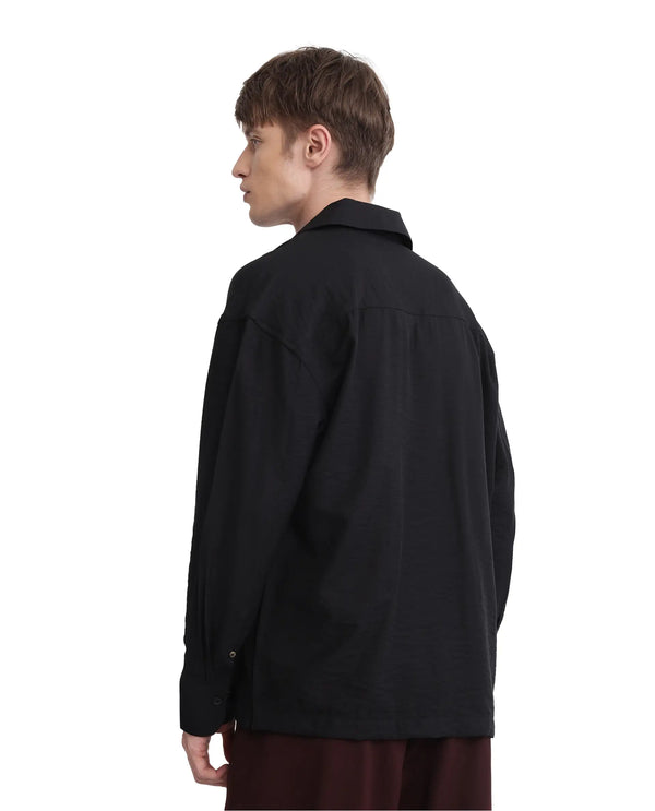Rare Rabbit Men's Carost Black Cotton Fabric Full Sleeve Broad Collar Button Closure Applique Badge Branding Boxy Fit Shirt