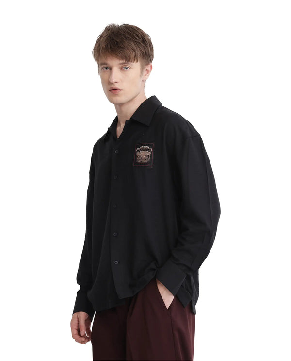 Rare Rabbit Men's Carost Black Cotton Fabric Full Sleeve Broad Collar Button Closure Applique Badge Branding Boxy Fit Shirt