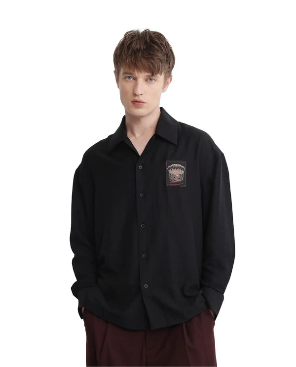 Rare Rabbit Men's Carost Black Cotton Fabric Full Sleeve Broad Collar Button Closure Applique Badge Branding Boxy Fit Shirt