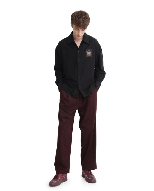 Rare Rabbit Men's Carost Black Cotton Fabric Full Sleeve Broad Collar Button Closure Applique Badge Branding Boxy Fit Shirt