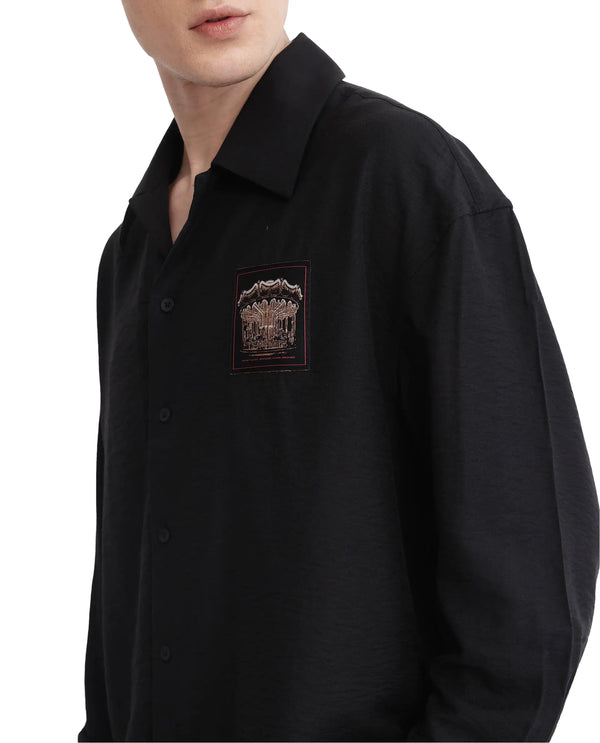 Rare Rabbit Men's Carost Black Cotton Fabric Full Sleeve Broad Collar Button Closure Applique Badge Branding Boxy Fit Shirt