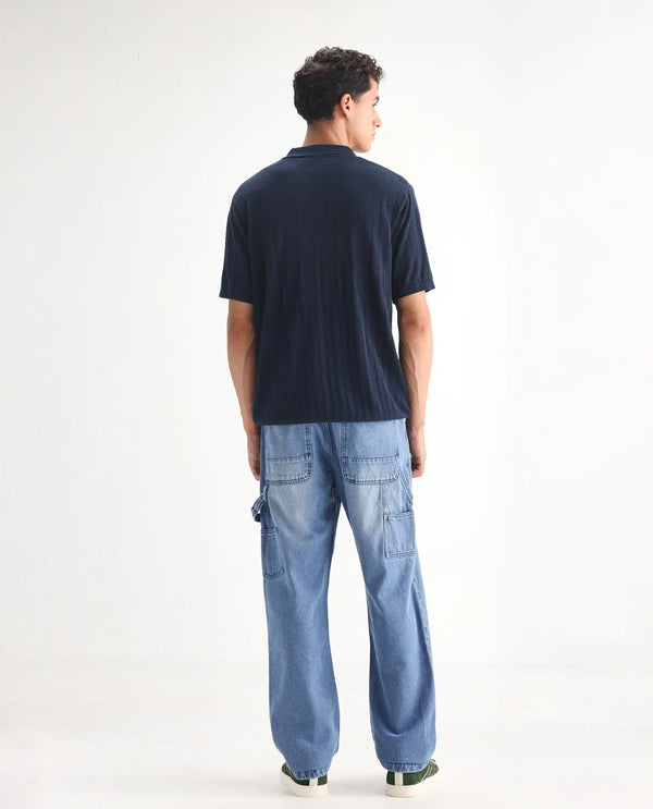 Rare Rabbit Men's Carpenter-2 Blue Cotton Fabric Light Wash Carpenter Fit Solid Jeans
