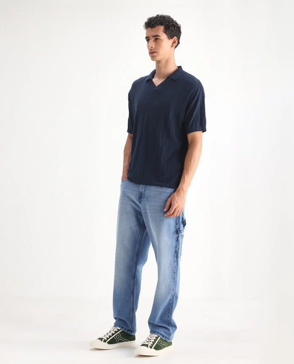 Rare Rabbit Men's Carpenter-2 Blue Cotton Fabric Light Wash Carpenter Fit Solid Jeans