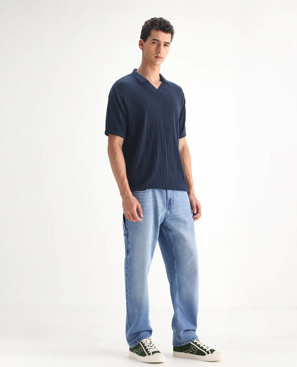 Rare Rabbit Men's Carpenter-2 Blue Cotton Fabric Light Wash Carpenter Fit Solid Jeans