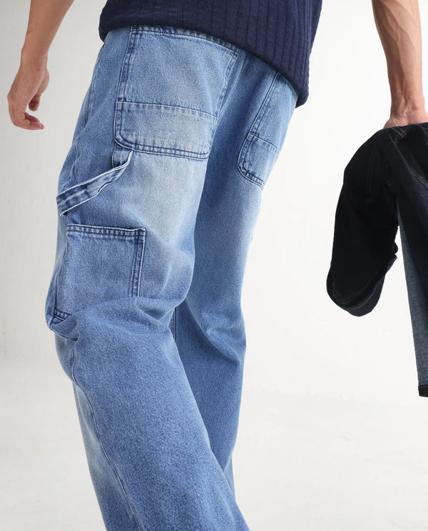 Rare Rabbit Men's Carpenter-2 Blue Cotton Fabric Light Wash Carpenter Fit Solid Jeans