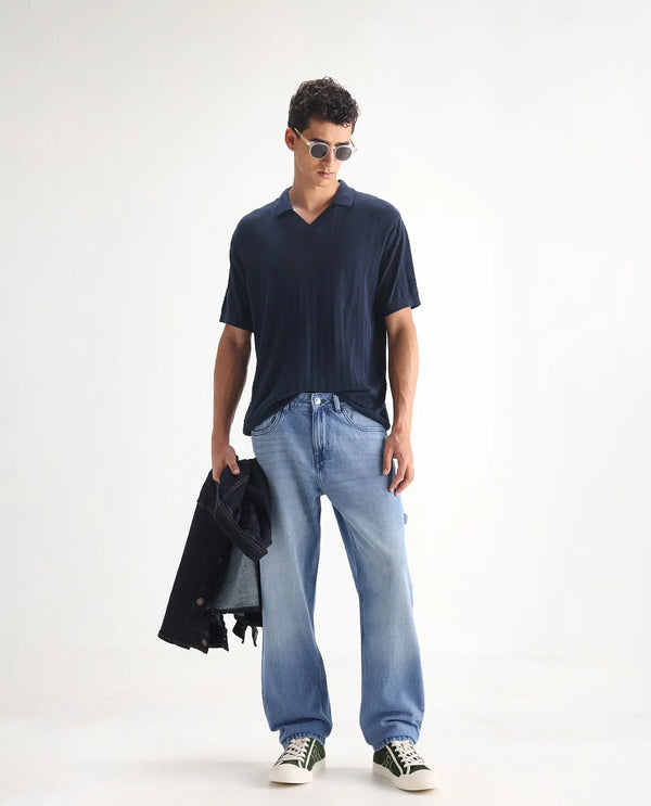 Rare Rabbit Men's Carpenter-2 Blue Cotton Fabric Light Wash Carpenter Fit Solid Jeans