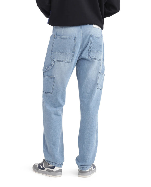 Rare Rabbit Men's Carpenter-2 Blue Cotton Fabric Light Wash Carpenter Fit Solid Jeans