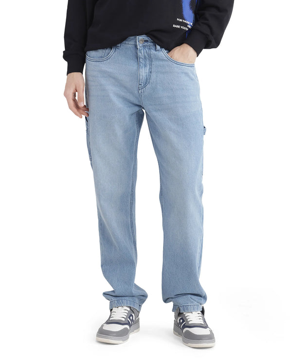 Rare Rabbit Men's Carpenter-2 Blue Cotton Fabric Light Wash Carpenter Fit Solid Jeans