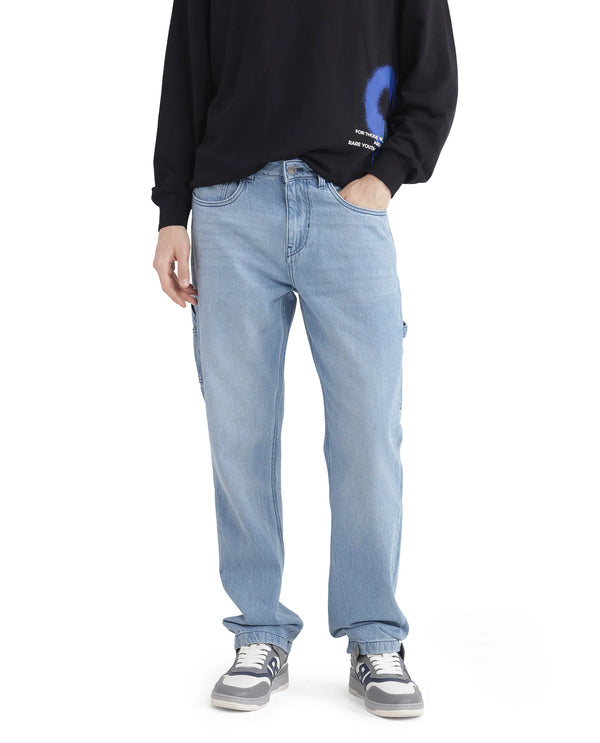 Rare Rabbit Men's Carpenter-2 Blue Cotton Fabric Light Wash Carpenter Fit Solid Jeans