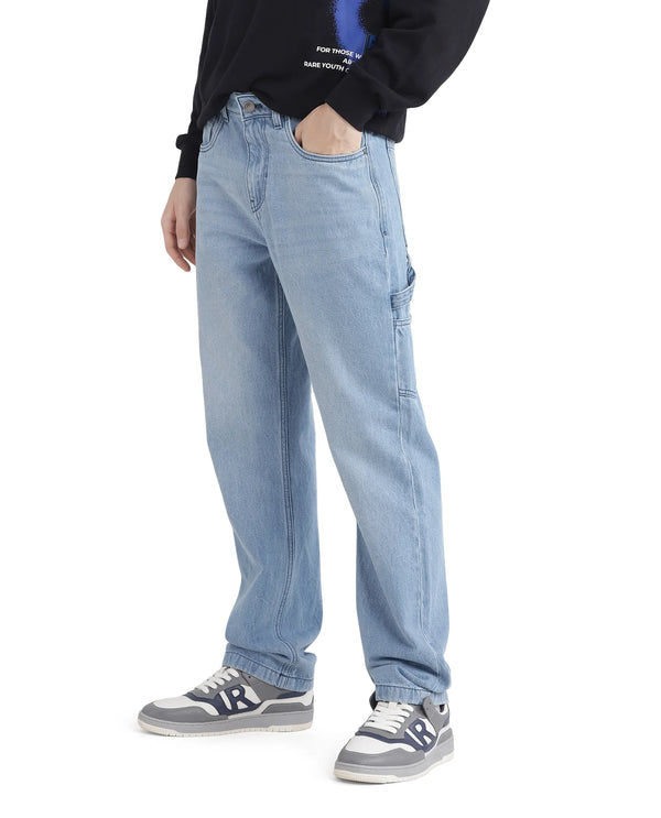 Rare Rabbit Men's Carpenter-2 Blue Cotton Fabric Light Wash Carpenter Fit Solid Jeans