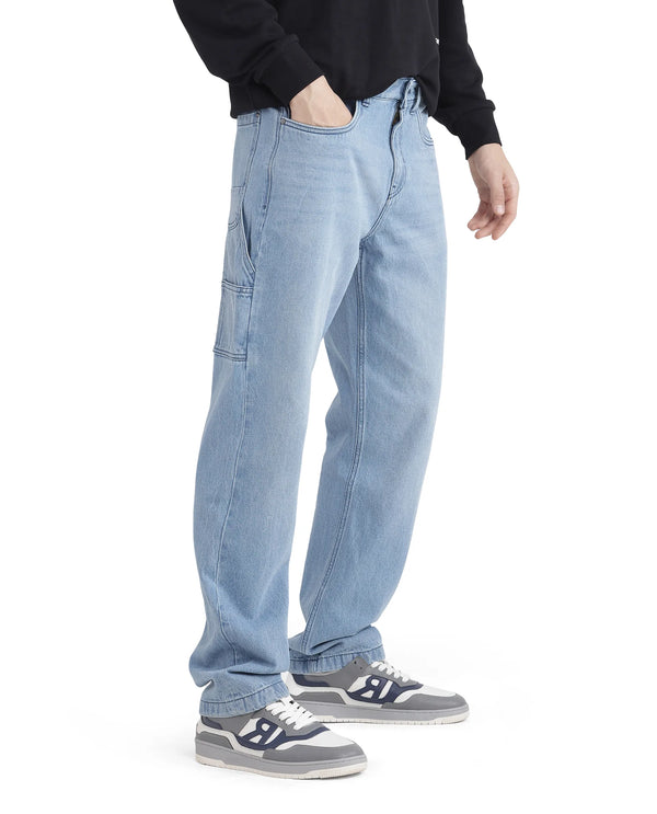 Rare Rabbit Men's Carpenter-2 Blue Cotton Fabric Light Wash Carpenter Fit Solid Jeans
