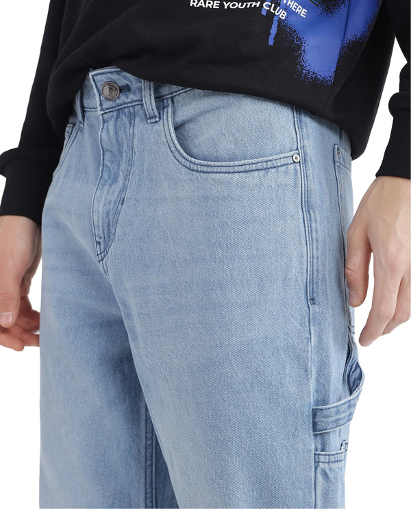Rare Rabbit Men's Carpenter-2 Blue Cotton Fabric Light Wash Carpenter Fit Solid Jeans