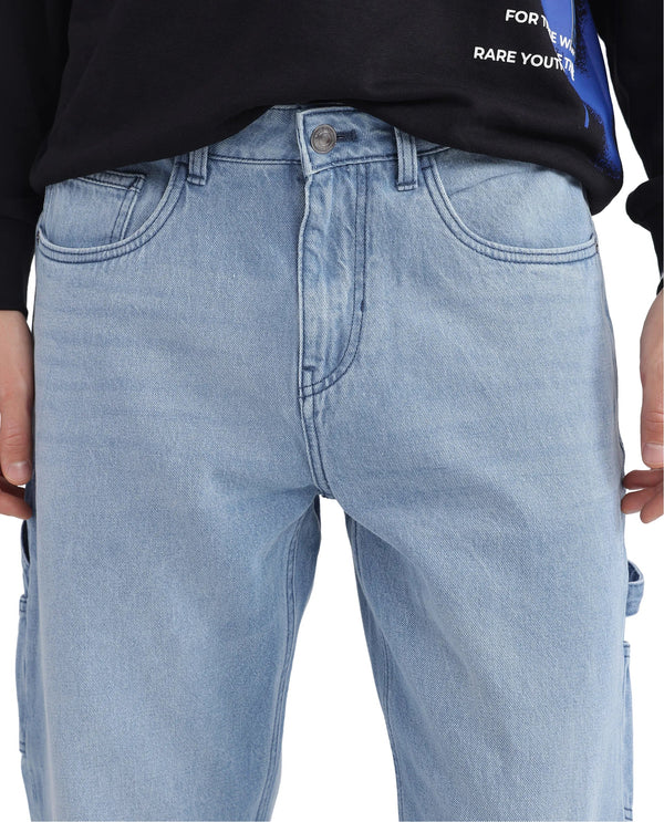 Rare Rabbit Men's Carpenter-2 Blue Cotton Fabric Light Wash Carpenter Fit Solid Jeans