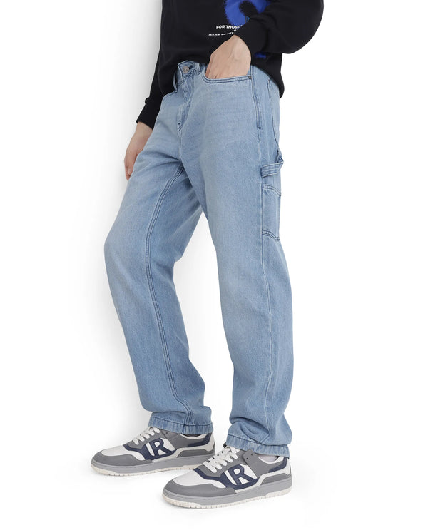 Rare Rabbit Men's Carpenter-2 Blue Cotton Fabric Light Wash Carpenter Fit Solid Jeans