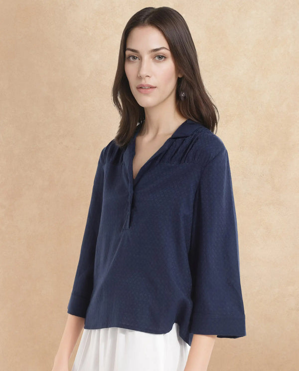 Rareism Women Carrara Dark Blue 3/4Th Sleeve Lapel Collar Button Closure Plain Top