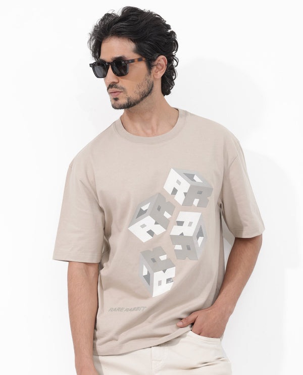 Rare Rabbit Articale Mens Carter Dusky Beige Cotton Fabric Short Sleeve Crew Neck Boxy Fit Printed T-Shirt
