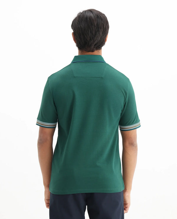 Rare Rabbit Men's Carter Dark Green Cotton Fabric Half Sleeve Spread Collar Regular Fit Plain Polo