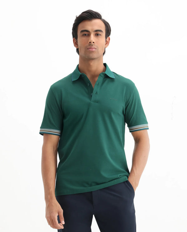 Rare Rabbit Men's Carter Dark Green Cotton Fabric Half Sleeve Spread Collar Regular Fit Plain Polo
