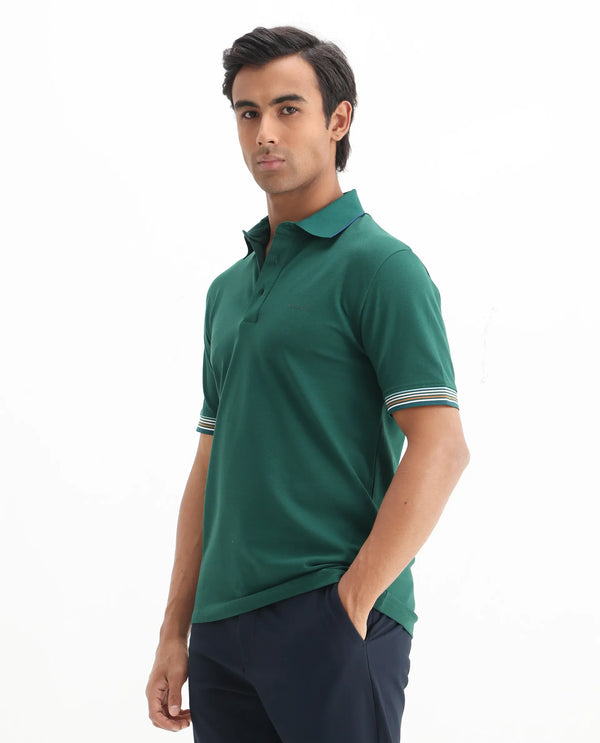Rare Rabbit Men's Carter Dark Green Cotton Fabric Half Sleeve Spread Collar Regular Fit Plain Polo