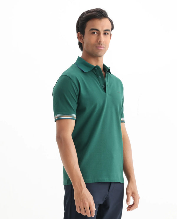 Rare Rabbit Men's Carter Dark Green Cotton Fabric Half Sleeve Spread Collar Regular Fit Plain Polo