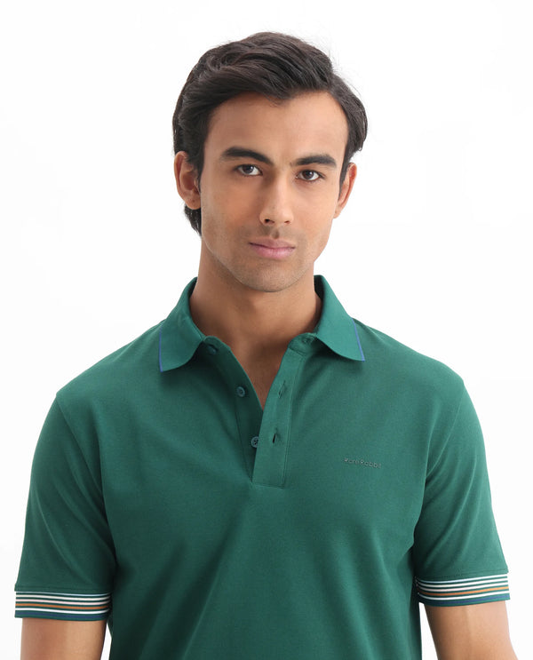 Rare Rabbit Men's Carter Dark Green Cotton Fabric Half Sleeve Spread Collar Regular Fit Plain Polo