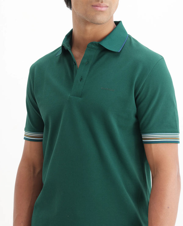 Rare Rabbit Men's Carter Dark Green Cotton Fabric Half Sleeve Spread Collar Regular Fit Plain Polo