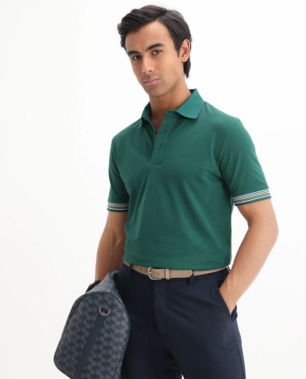 Rare Rabbit Men's Carter Dark Green Cotton Fabric Half Sleeve Spread Collar Regular Fit Plain Polo