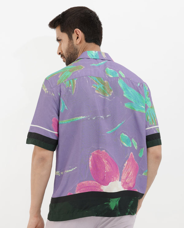 Rare Rabbit Mens Casa Purple Viscose Fabric Cuban Collar Half Sleeves Boxy Fit Floral Print Shirt