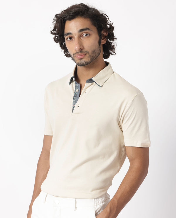 Rare Rabbit Men's Casca Dark Beige Cotton Fabric Collared Neck Half Sleeves Polo T-Shirt