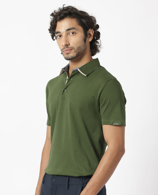 Rare Rabbit Men's Casca Dark Olive Cotton Fabric Collared Neck Half Sleeves Polo T-Shirt