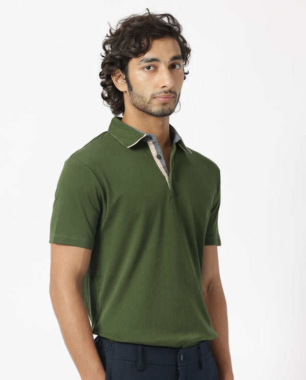 Rare Rabbit Men's Casca Dark Olive Cotton Fabric Collared Neck Half Sleeves Polo T-Shirt