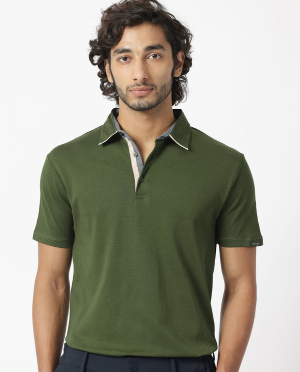 Rare Rabbit Men's Casca Dark Olive Cotton Fabric Collared Neck Half Sleeves Polo T-Shirt