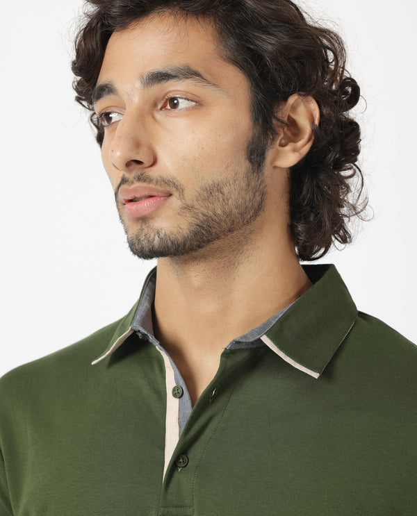 Rare Rabbit Men's Casca Dark Olive Cotton Fabric Collared Neck Half Sleeves Polo T-Shirt