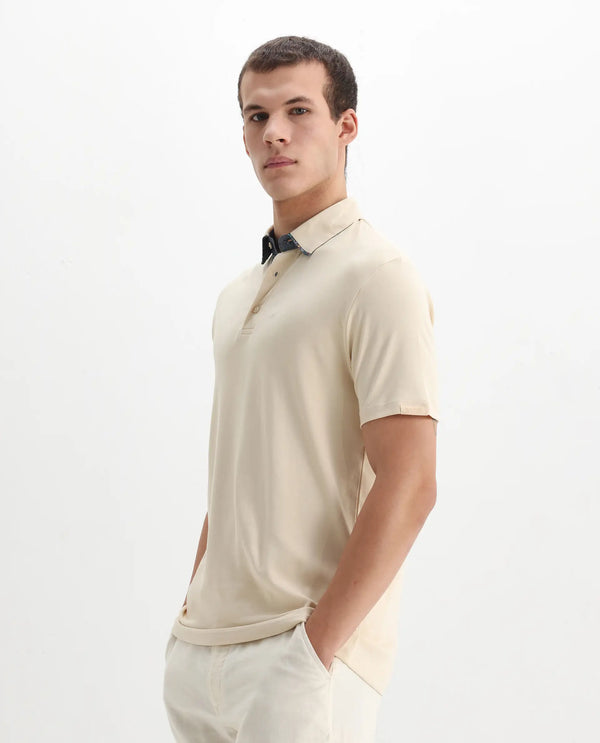 Rare Rabbit Men's Casca Dark Beige Cotton Fabric Collared Neck Half Sleeves Polo T-Shirt