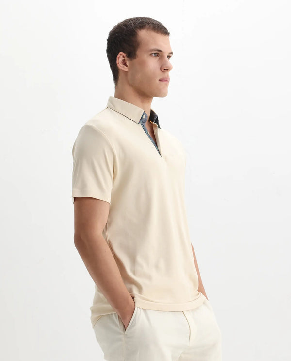 Rare Rabbit Men's Casca Dark Beige Cotton Fabric Collared Neck Half Sleeves Polo T-Shirt