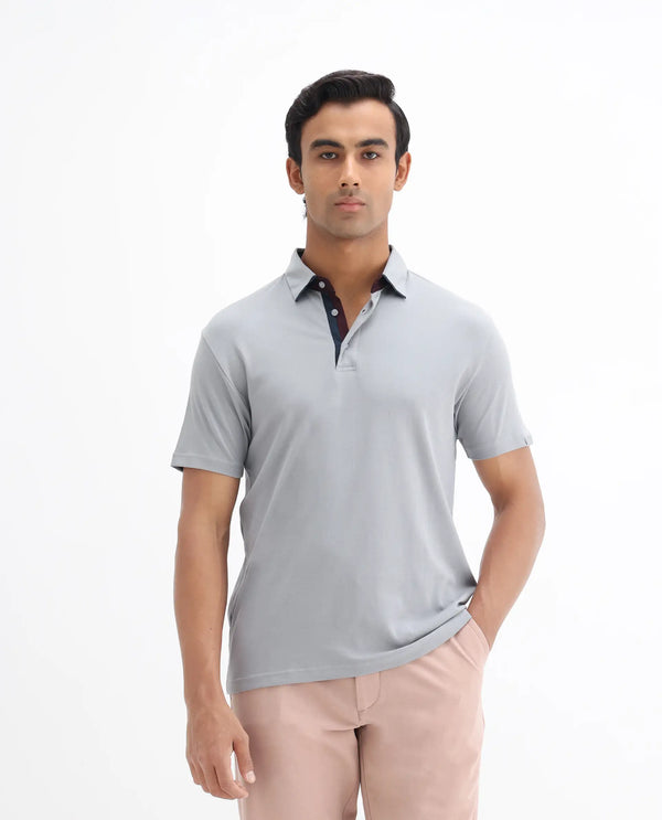 Rare Rabbit Men's Casca Dark Grey Cotton Fabric Collared Neck Half Sleeves Polo T-Shirt