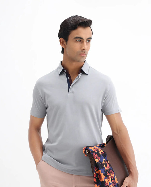 Rare Rabbit Men's Casca Dark Grey Cotton Fabric Collared Neck Half Sleeves Polo T-Shirt